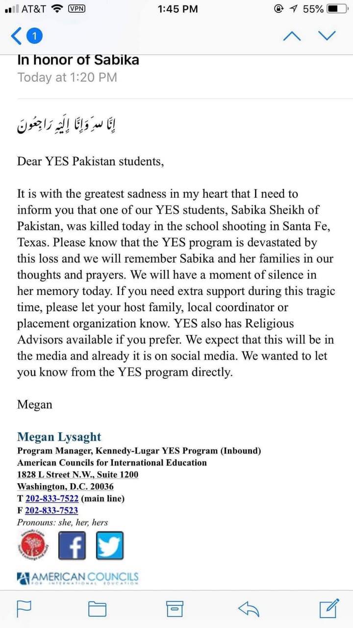 condolence over email Life Her Sheikh Exchange Student, Loses Sabika Pakistani